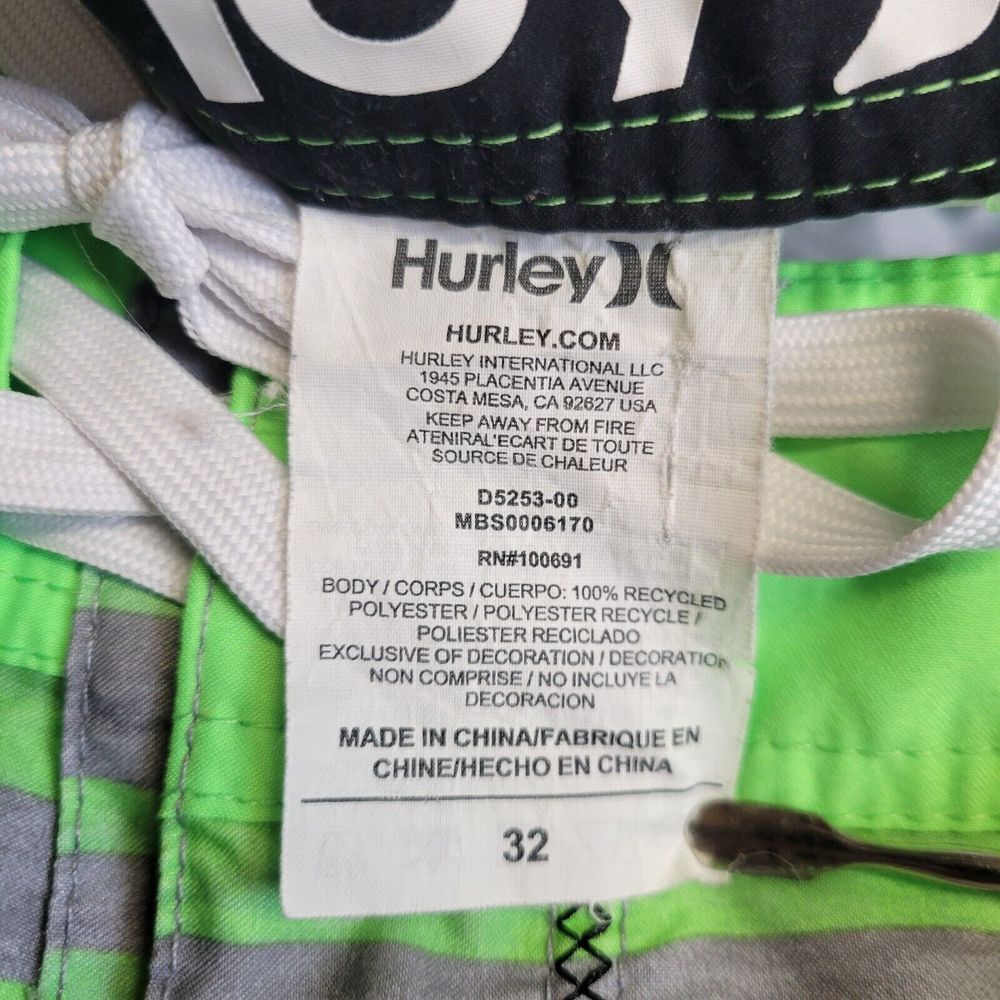Hurley Board Shorts Mens 32 (36) Lime Green Gray Swim Trunks Drawstring Pocket - Picture 5 of 8